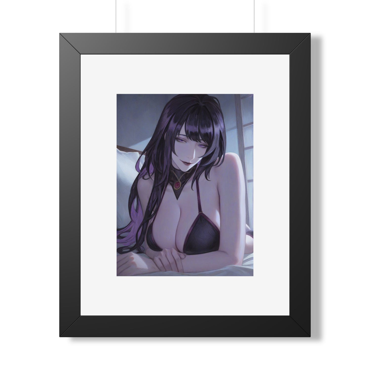 Anime Art Poster — Sultry Dark-Haired Girl Framed Vertical Print