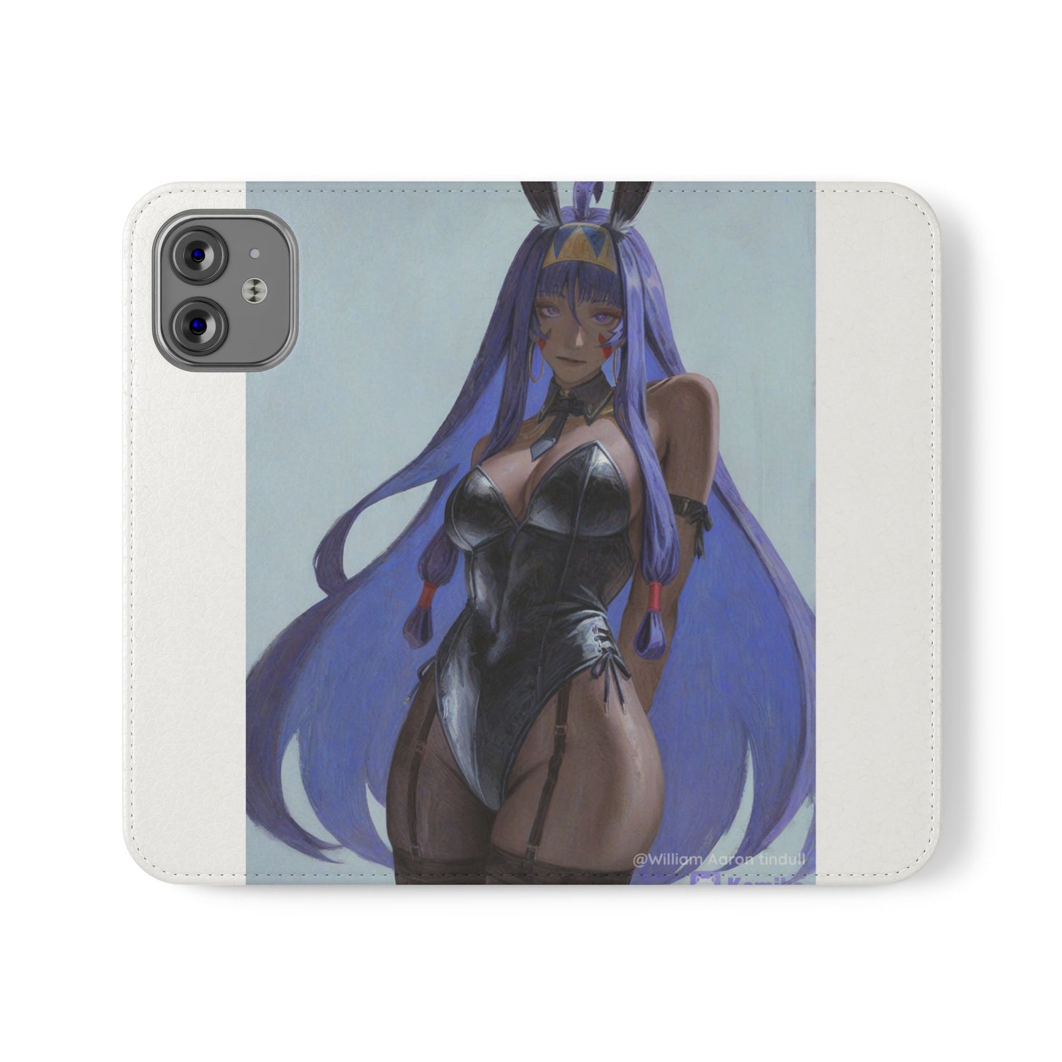 Anime Bunny Girl Flip Case - Purple Long-Haired Character Phone Wallet