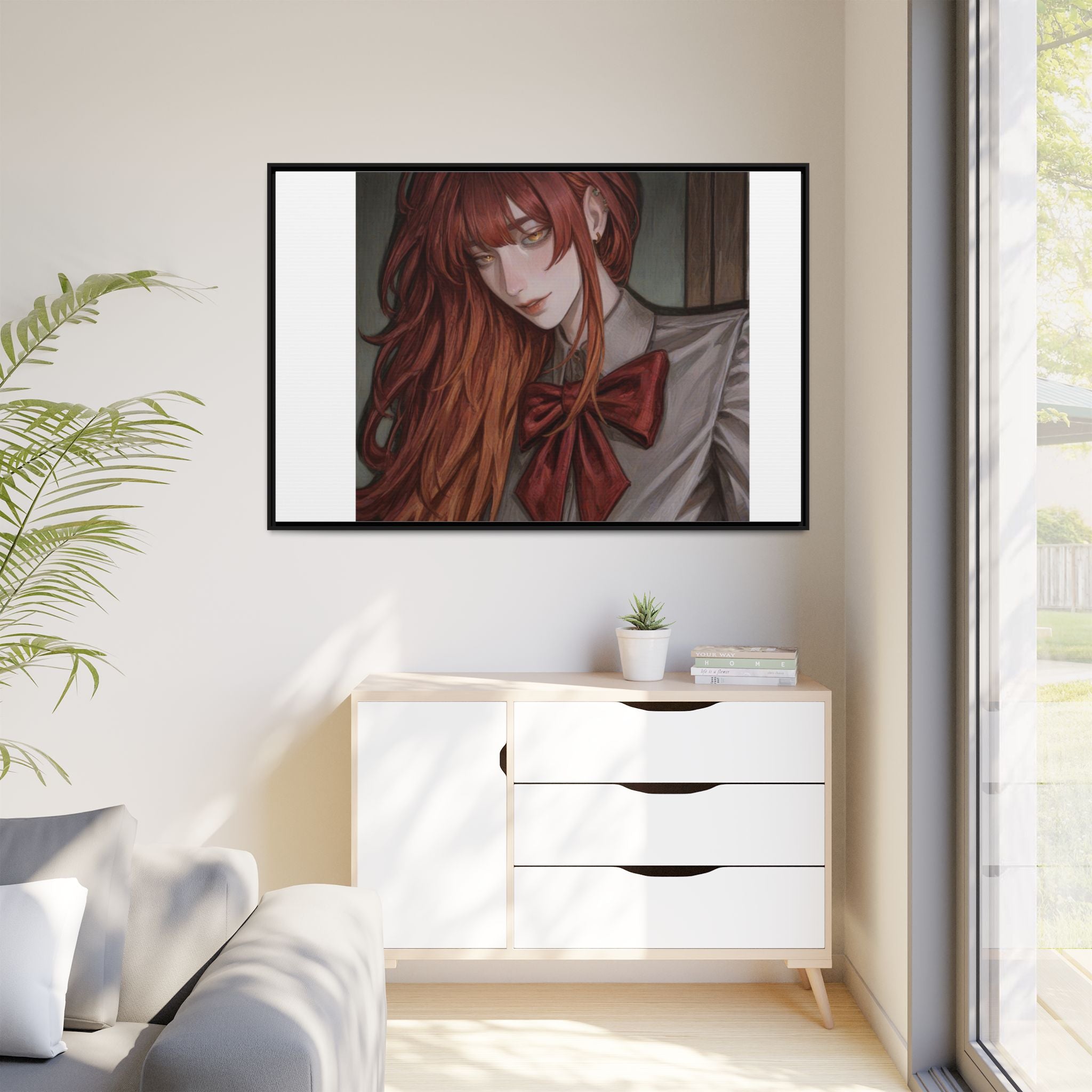 Framed Matte Canvas Print — Moody Red-Headed Anime Girl Art