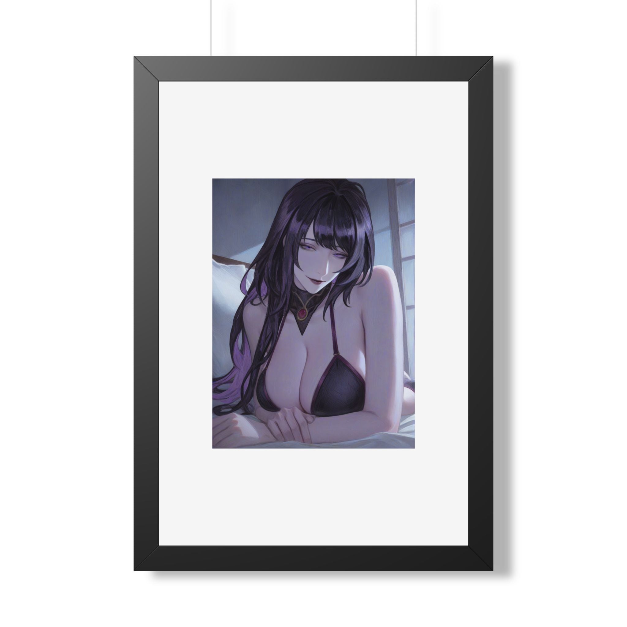 Anime Art Poster — Sultry Dark-Haired Girl Framed Vertical Print