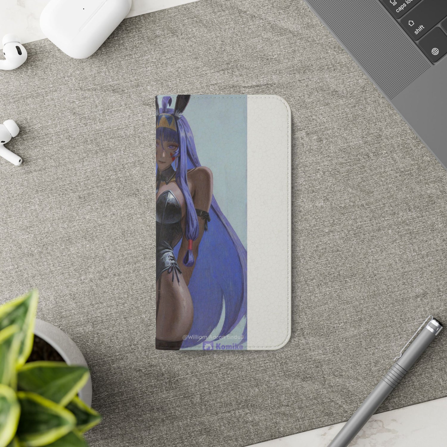 Anime Bunny Girl Flip Case - Purple Long-Haired Character Phone Wallet