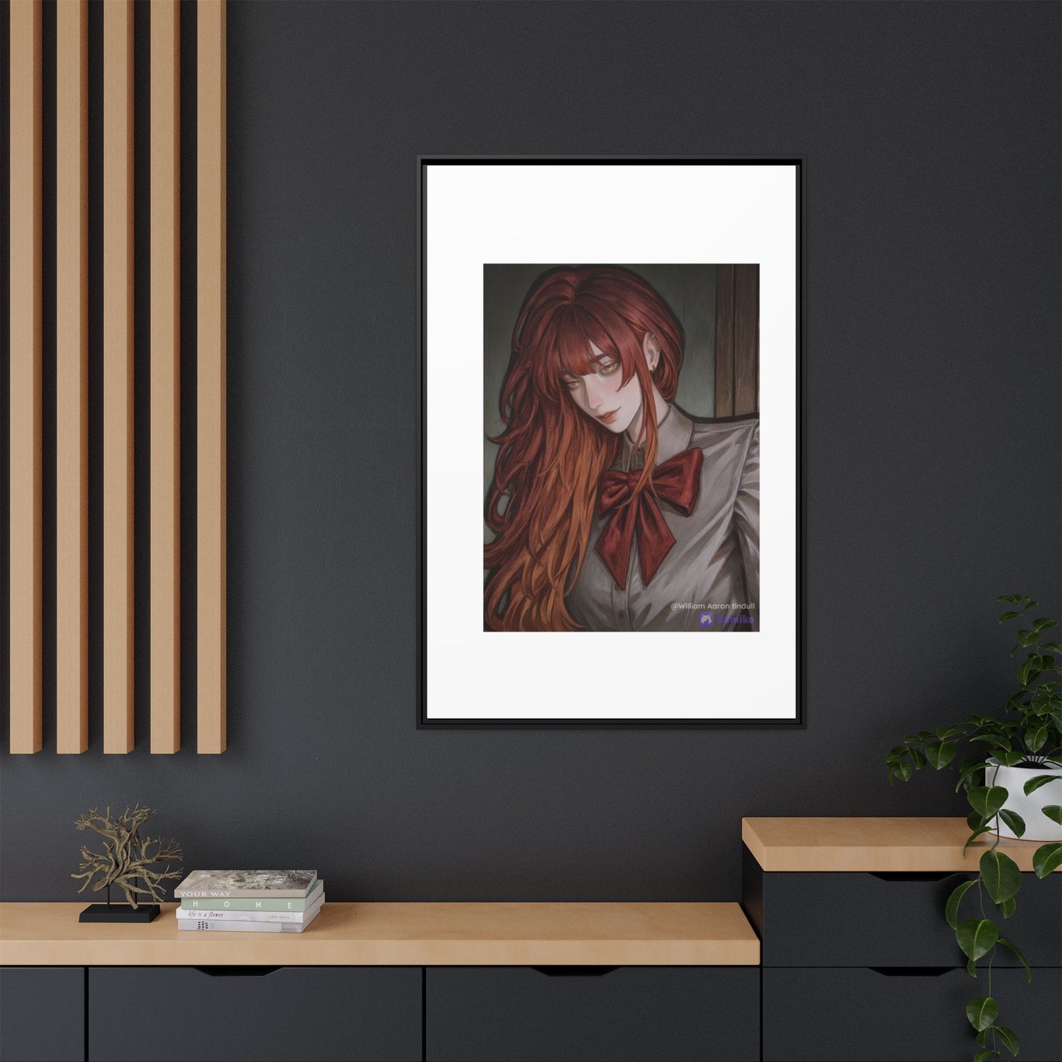 Framed Matte Canvas Print — Moody Red-Headed Anime Girl Art