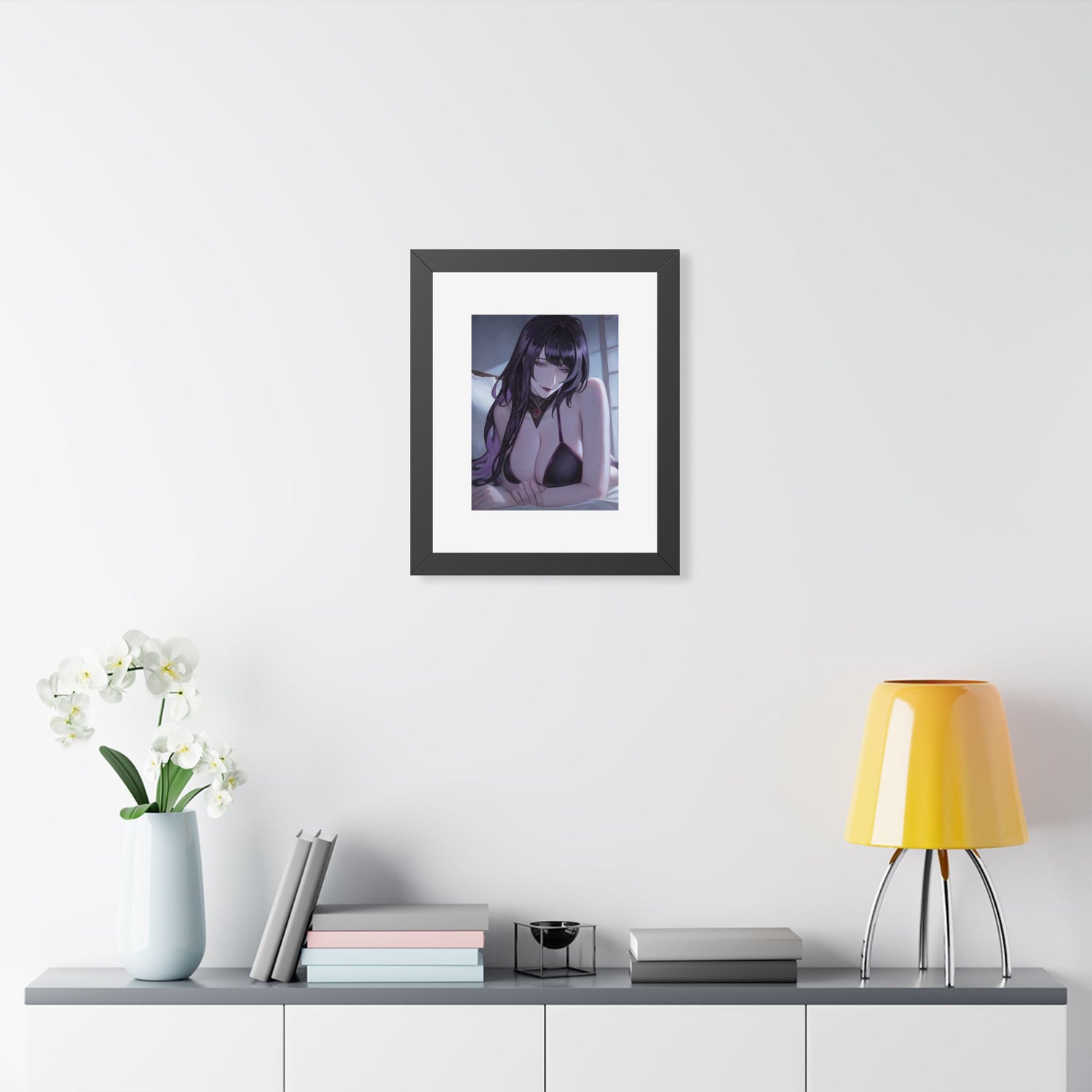 Anime Art Poster — Sultry Dark-Haired Girl Framed Vertical Print