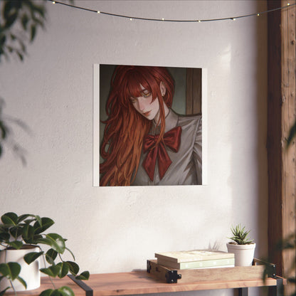 Matte Vertical Poster — Red‑Haired Anime Girl Portrait