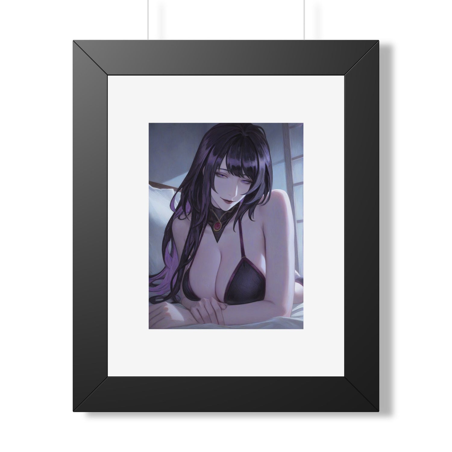 Anime Art Poster — Sultry Dark-Haired Girl Framed Vertical Print
