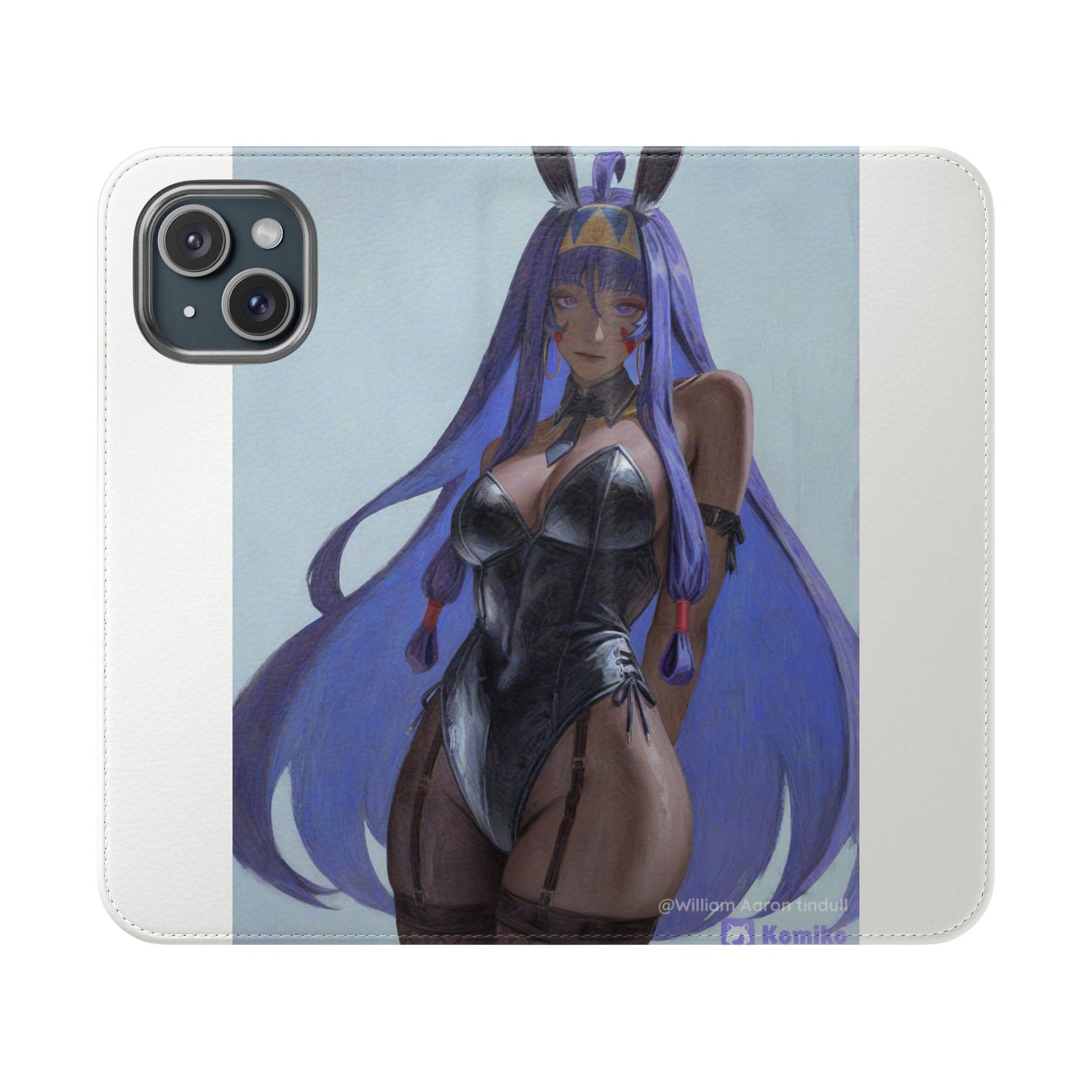 Anime Bunny Girl Flip Case - Purple Long-Haired Character Phone Wallet