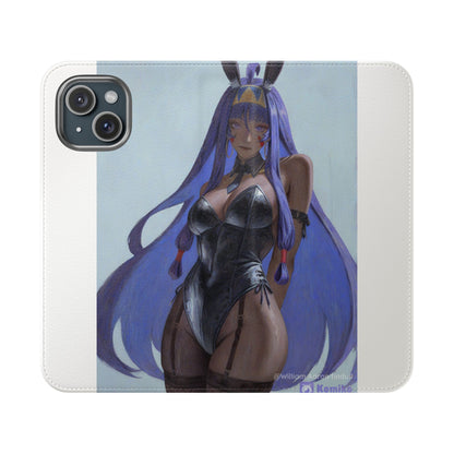 Anime Bunny Girl Flip Case - Purple Long-Haired Character Phone Wallet