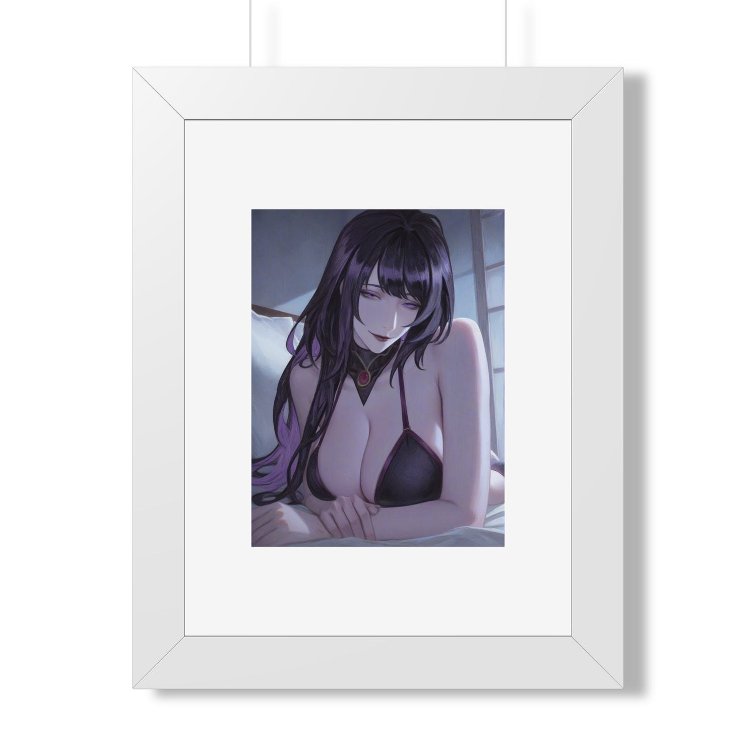 Anime Art Poster — Sultry Dark-Haired Girl Framed Vertical Print