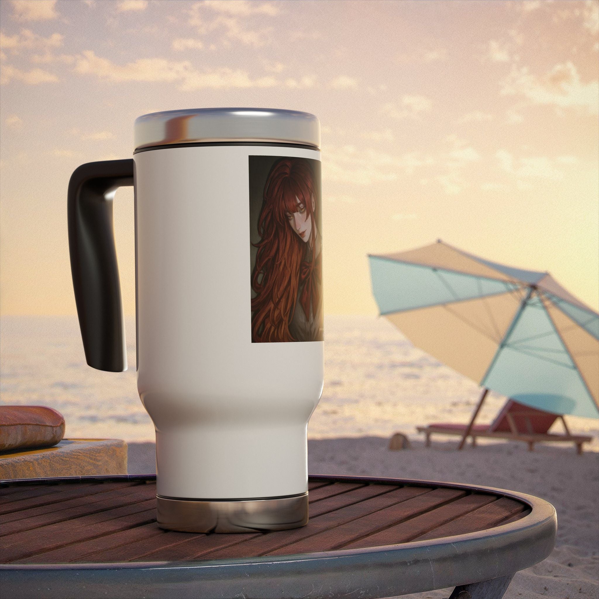 Redheaded Anime Girl Travel Mug — 14oz Stainless Steel Tumbler with Handle