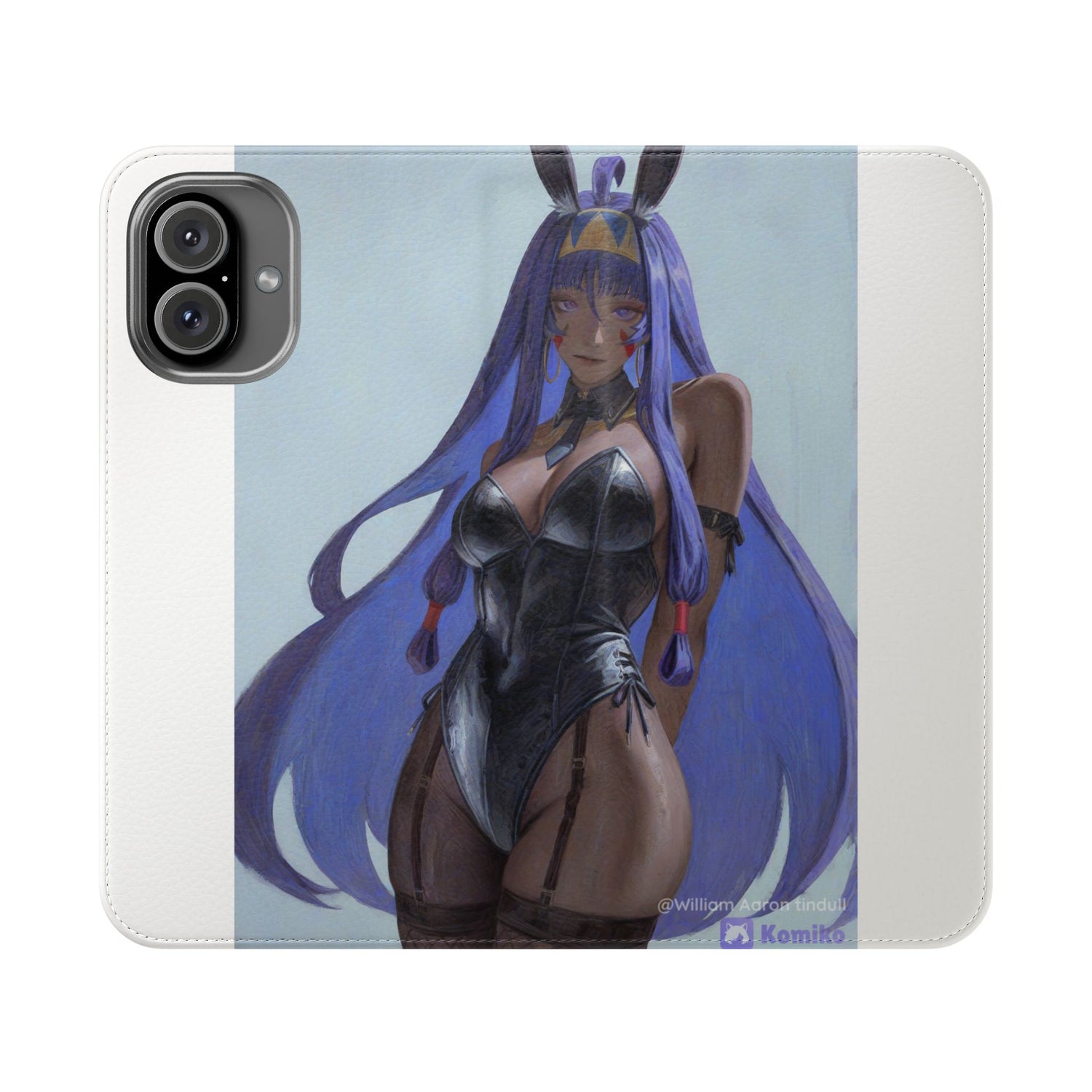 Anime Bunny Girl Flip Case - Purple Long-Haired Character Phone Wallet