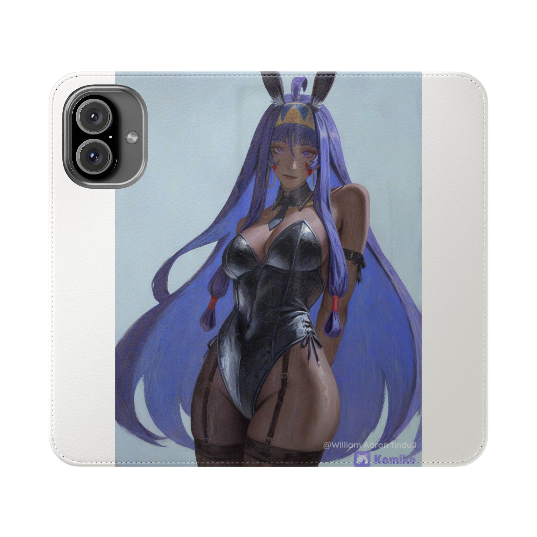 Anime Bunny Girl Flip Case - Purple Long-Haired Character Phone Wallet