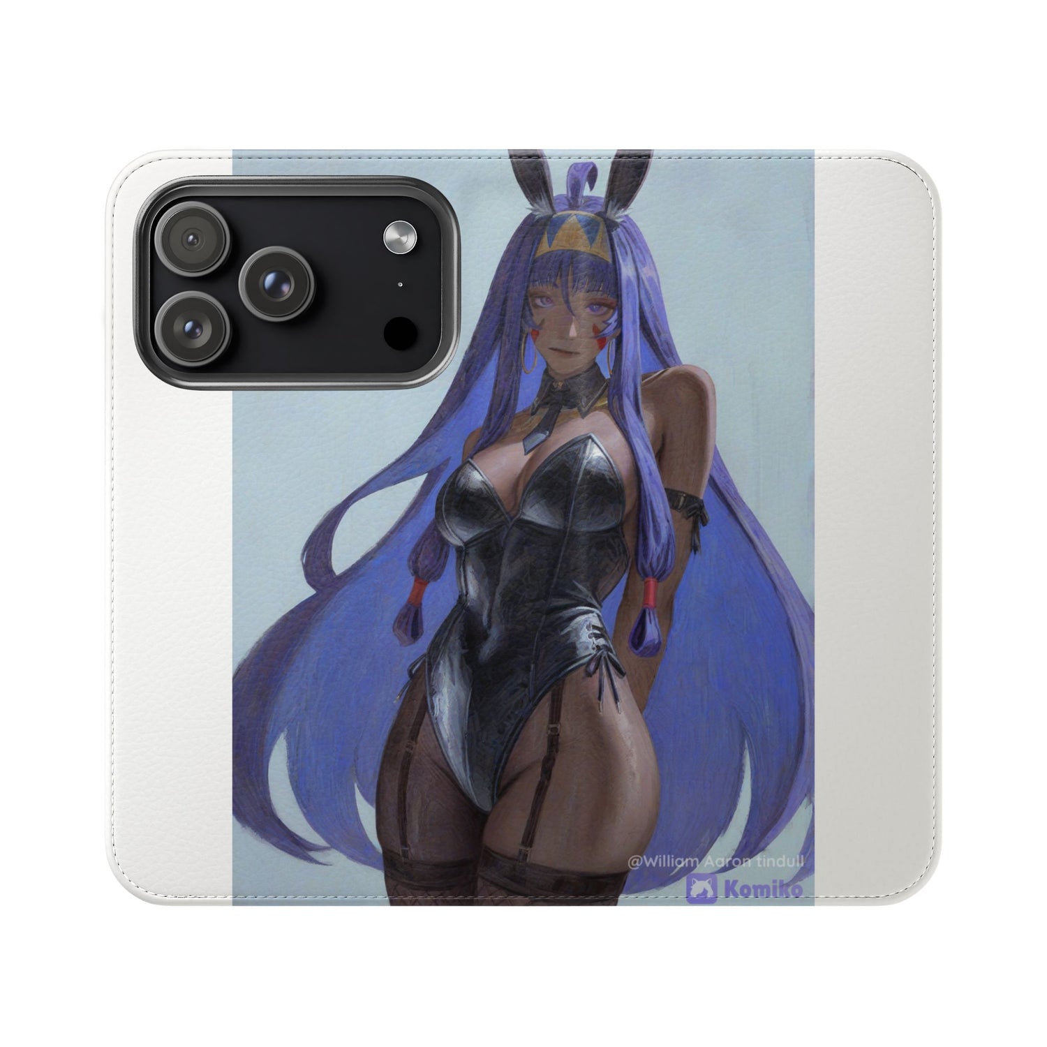 Anime Bunny Girl Flip Case - Purple Long-Haired Character Phone Wallet