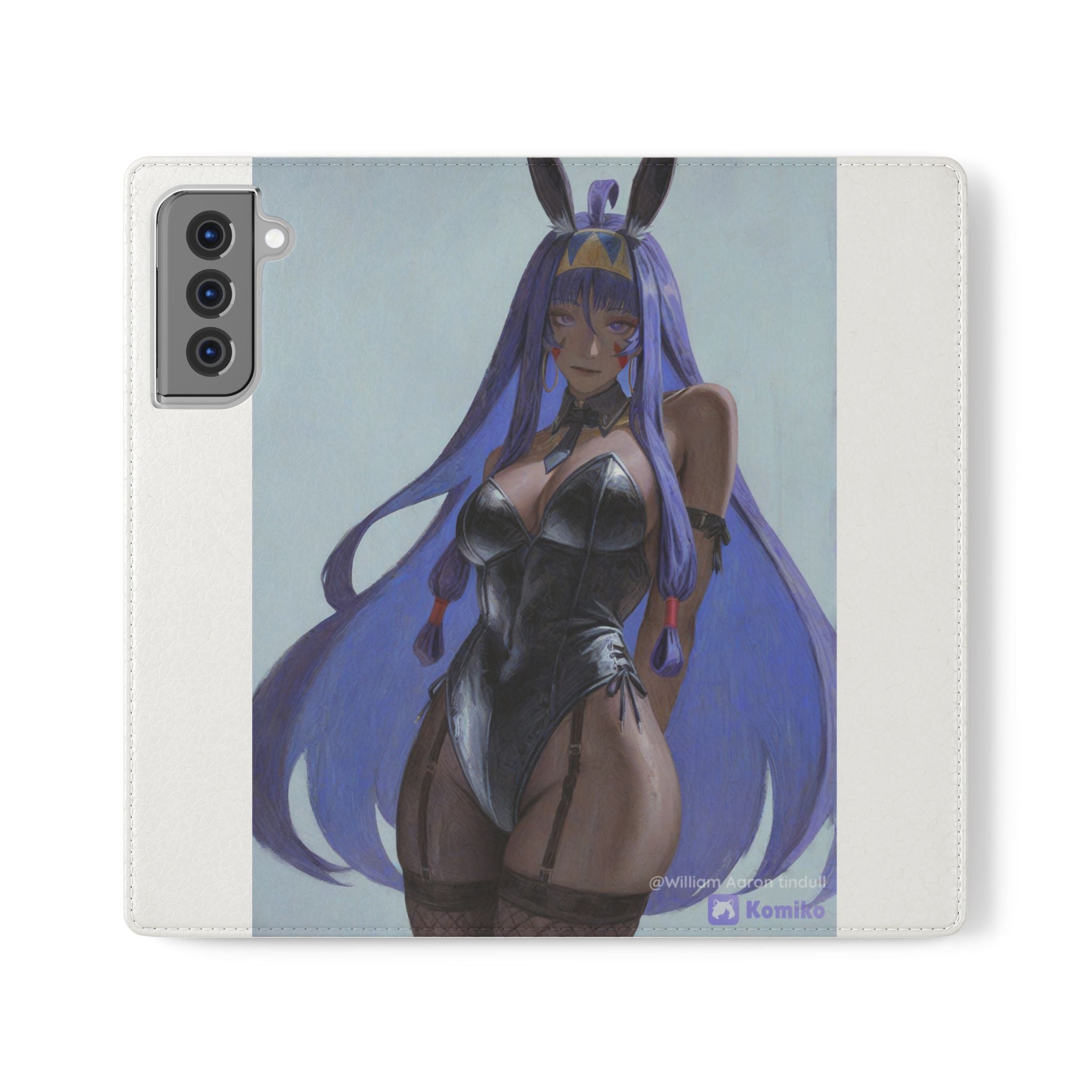 Anime Bunny Girl Flip Case - Purple Long-Haired Character Phone Wallet
