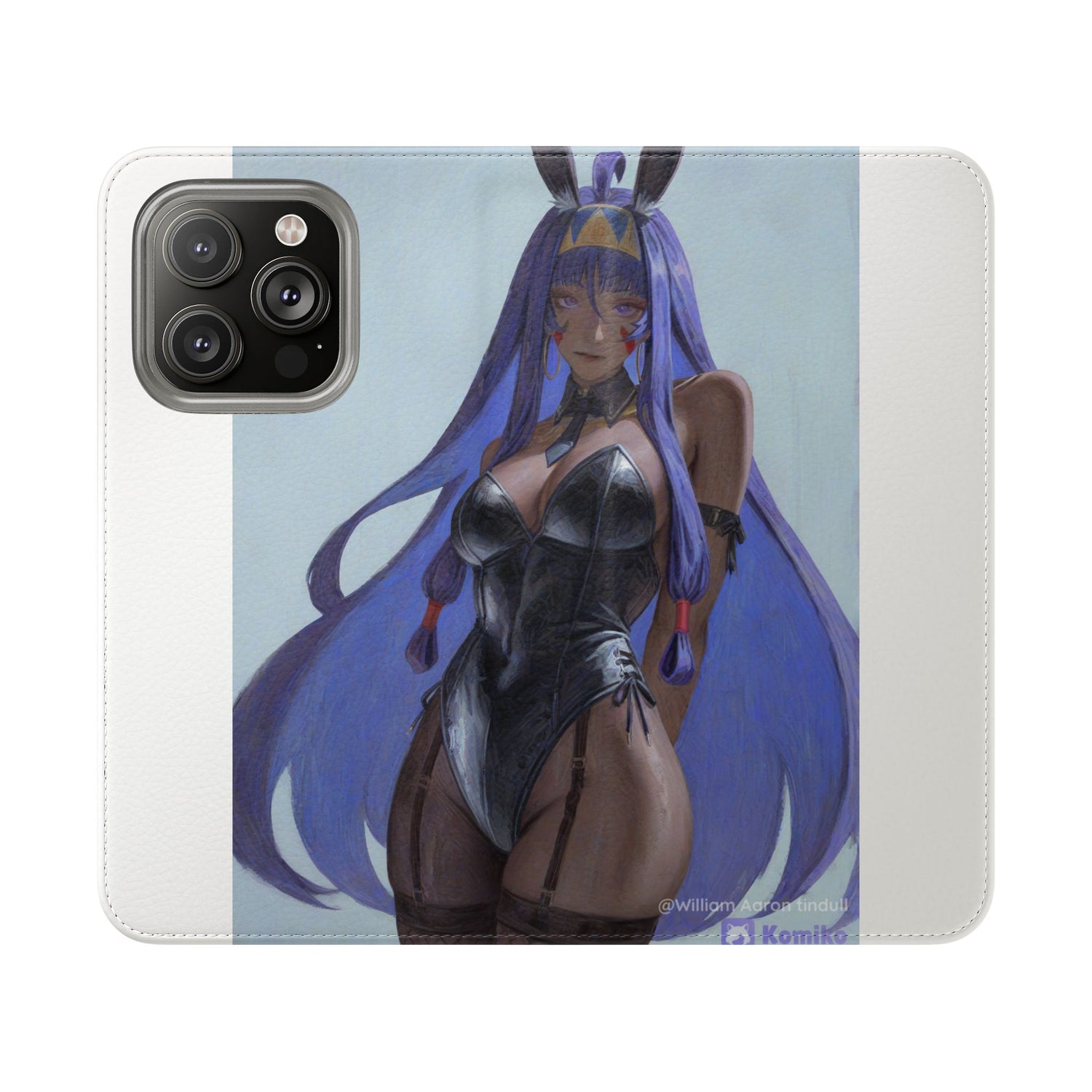 Anime Bunny Girl Flip Case - Purple Long-Haired Character Phone Wallet