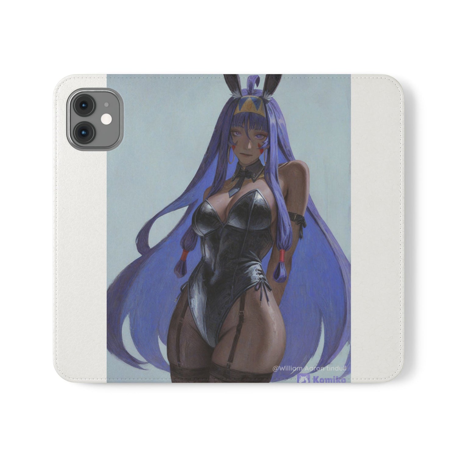 Anime Bunny Girl Flip Case - Purple Long-Haired Character Phone Wallet